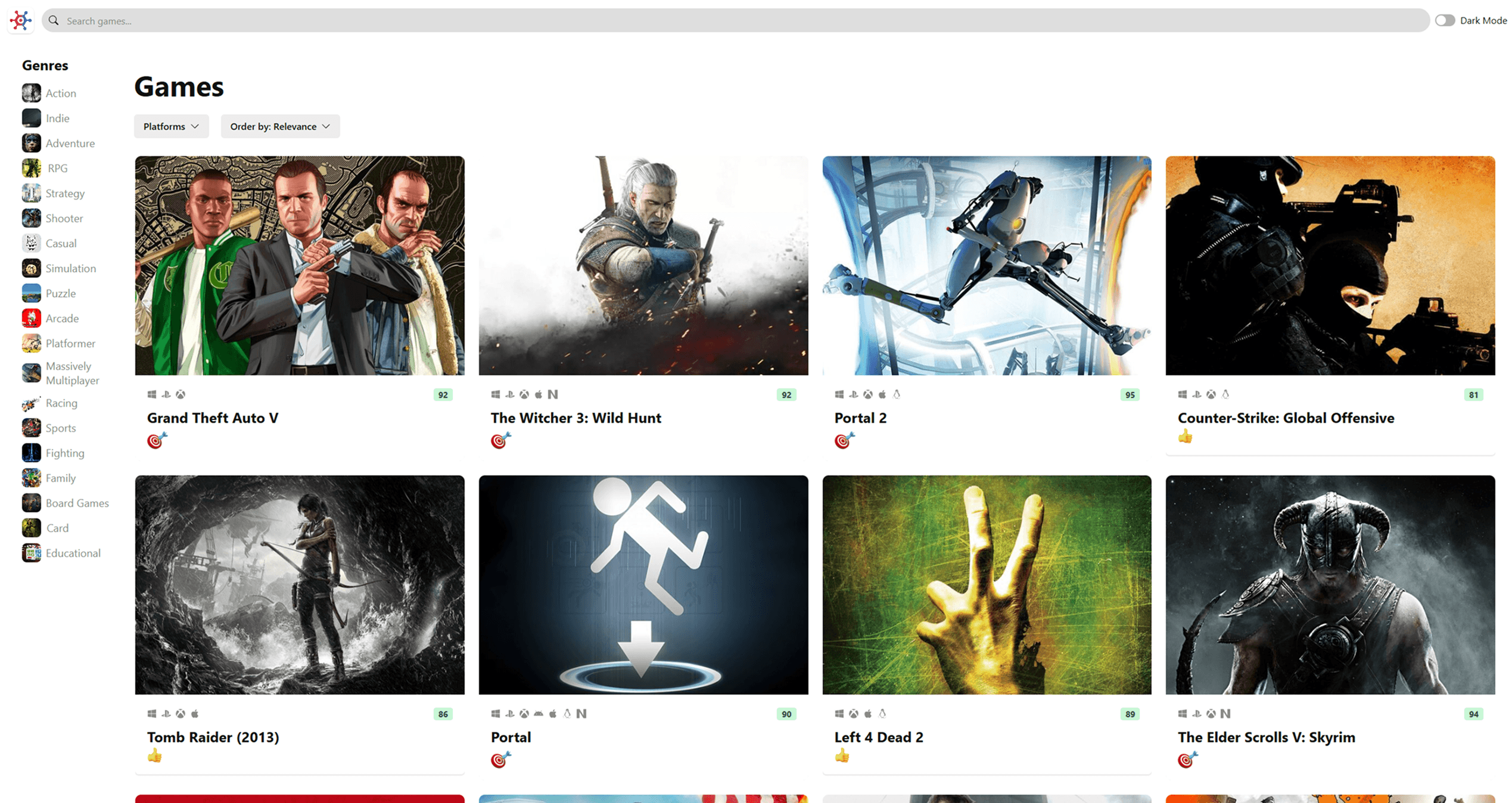 Homepage of Game Hub in light mode