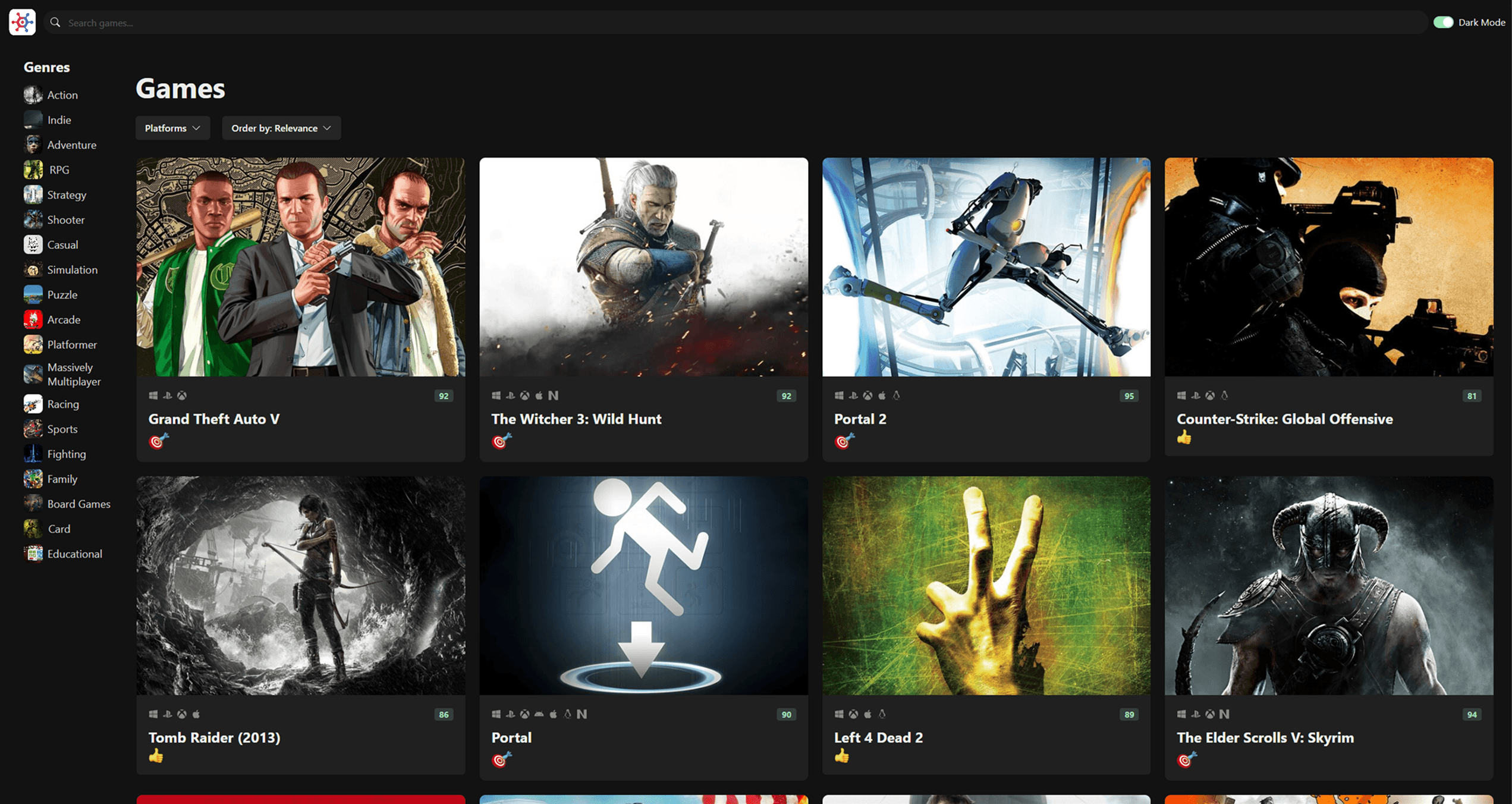 Homepage of Game Hub in dark mode